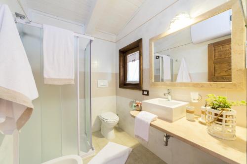 a bathroom with a sink and a toilet and a mirror at Tenuta del Barco WineRestaurant and Hospitality in Pulsano