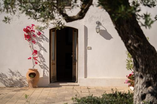 a door to a white building with a vase of flowers at Tenuta del Barco WineRestaurant and Hospitality in Pulsano