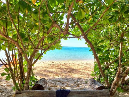 a view of the beach through some trees at SunBoo Beach Bungalows in Koh Rong Sanloem