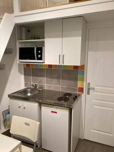 une petite cuisine avec un évier et un micro-ondes dans l'établissement Appartement T1 Avignon centre, à Avignon