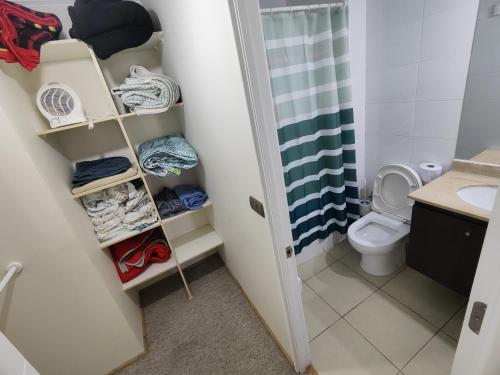 a small bathroom with a toilet and a shower at Copernico amoblado 1Dormi. 4 personas 1Est in Antofagasta