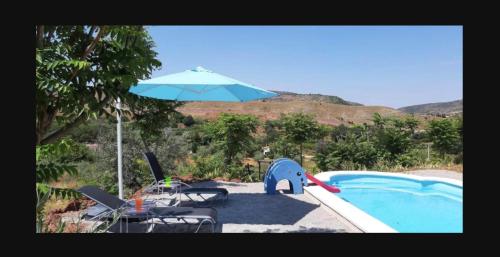 einen Pool mit einem blauen Sonnenschirm und Stühlen sowie einem Tisch und einem Tisch in der Unterkunft Valley Views Full House Stargazing in Valencia in Ayora