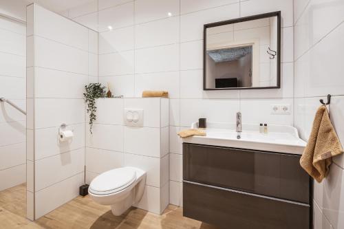 a white bathroom with a toilet and a sink at Hof van Halle in Halle
