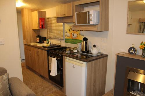 a small kitchen with a stove and a microwave at Bimble Lodge in Langport