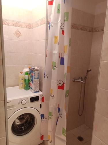 a bathroom with a washing machine with a shower curtain at Alimos seaview apartment in Athens