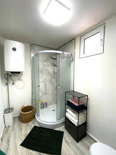 a bathroom with a shower with a glass door at Căsuța din CRAI in Zărneşti