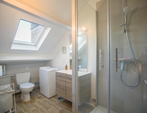 W łazience znajduje się prysznic, toaleta i umywalka. w obiekcie Le Duplex Troyen - 5 min Hypercentre - Ideal Groupe - Parking Gratuit w Troyes