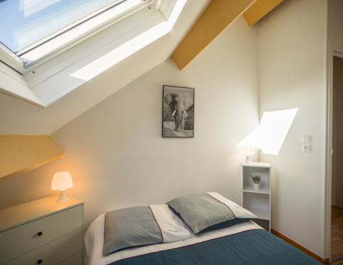 a bedroom with a bed and a skylight at Le Duplex Troyen - 5 min Hypercentre - Ideal Groupe - Parking Gratuit in Troyes