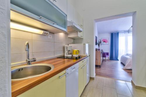 eine Küche mit einer Spüle und einem Kühlschrank in der Unterkunft Apartments Bobinac in Senj