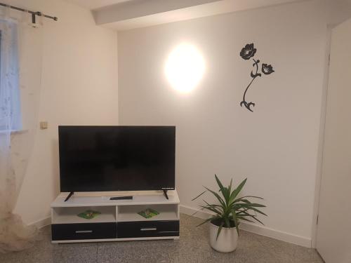 sala de estar con TV de pantalla plana en una pared blanca en HAUS Madelaine, en Neu-Anspach
