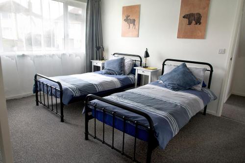 two twin beds in a room with a window at The Haven, Fishguard, ideal for Beach, coastal path and town! in Fishguard