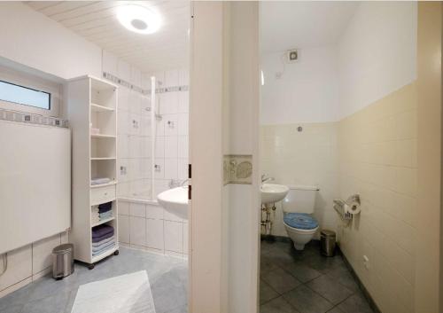 a white bathroom with a toilet and a sink at Haus Am Ölberg in Karsau