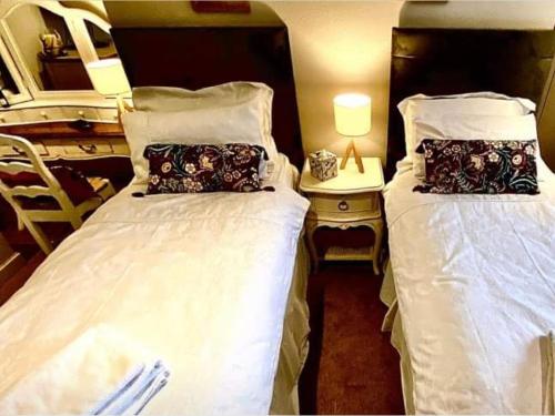 a bedroom with two beds and a table with a lamp at Bird In Bush Elsdon in Elsdon