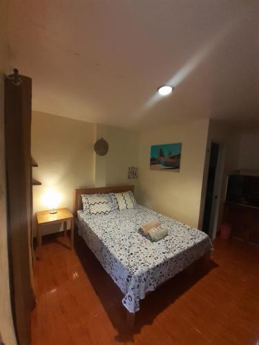 a bedroom with a bed and a table with a lamp at MIKI's Guest House in Siquijor