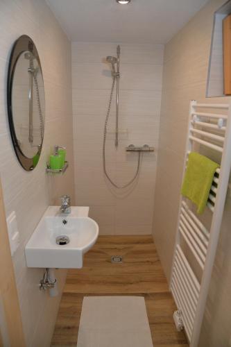 een badkamer met een wastafel en een douche bij Ferienhaus Schöberlhütte 