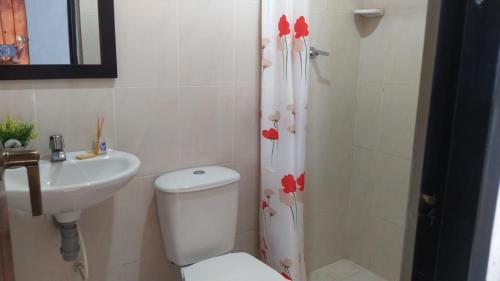 a bathroom with a toilet and a sink and a shower at Hotel Alcázar Real in Utica