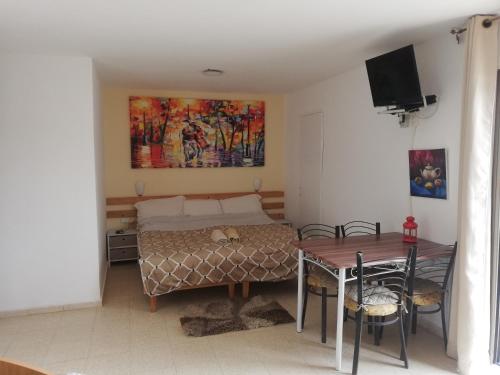 a bedroom with a bed and a table and a television at Desert Sunrise Arad in Arad