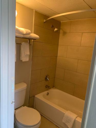 a bathroom with a toilet and a bath tub at Days Inn by Wyndham Louisville Airport Fair and Expo Center in Louisville