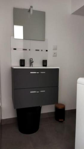 une salle de bain avec un lavabo et un miroir dans l'établissement Super studio, proche centre ville, à Rochefort