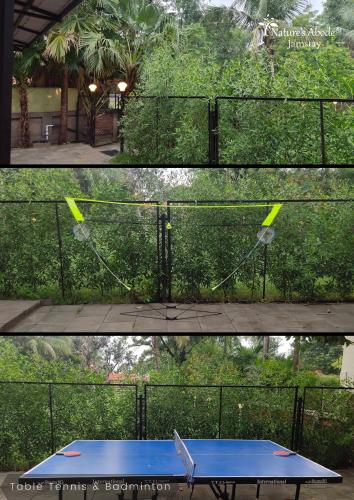 アーメダバードにあるJamstay by Nature's Abode®Villasのテニスラケットが置かれたテニスコートの写真2枚