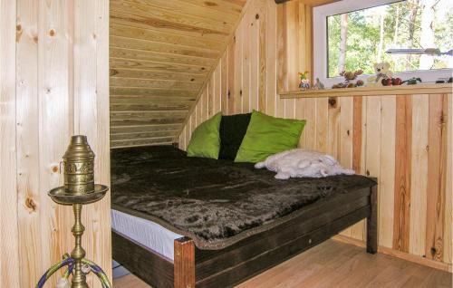 a bed in a wooden room with a green pillow at Awesome Home In Ostrda With House Sea View in Ostróda