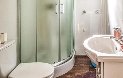 a bathroom with a shower and a toilet and a sink at Nice Home In Biskupiec With House A Panoramic View in Biskupiec