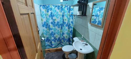 a bathroom with a blue shower curtain and a sink at Alojamientos N&S in Fortuna
