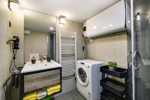 een kleine badkamer met een wastafel en een wasmachine bij Luxury apartment in the city center with parking in Boedapest
