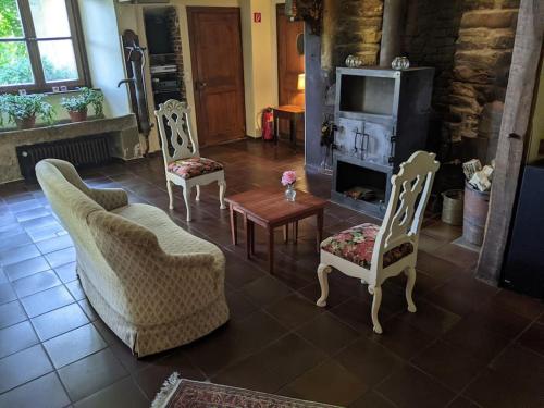 - un salon avec deux chaises et une cheminée dans l'établissement Haus Keppelborg: ZI Elisabeth mit Burgmauerblick, à Heek