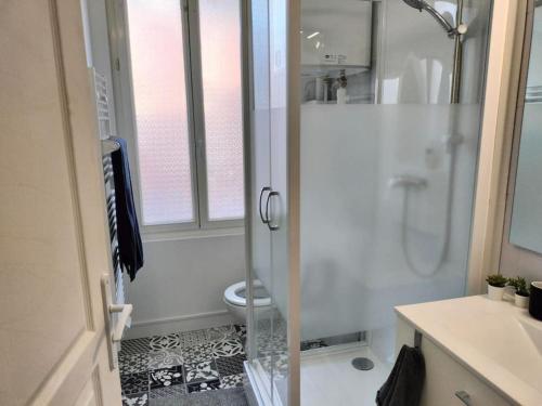 y baño blanco con ducha y aseo. en Locanoor Dieppe - Maison de Pêcheur devenue Cosy, en Dieppe