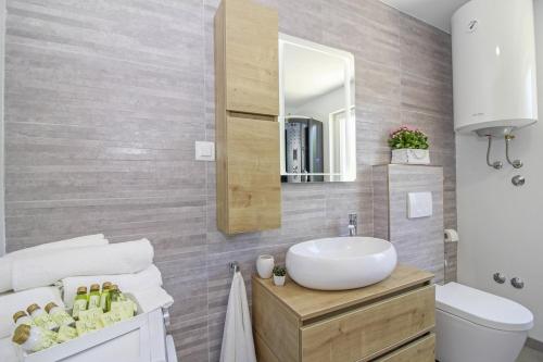 een badkamer met een wastafel en een spiegel bij Natascha in Pamići - Haus für 6 Personen in Žminj