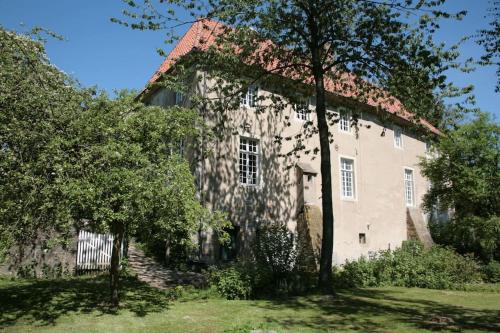 an old house with a tree in front of it at Haus Keppelborg: ZI Antonia mit Kirchplatzblick in Heek