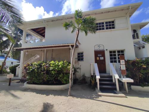 ein weißes Haus mit einer Palme davor in der Unterkunft Cocotal Inn and Cabanas in San Pedro