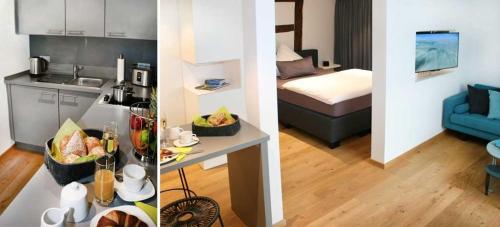 2 Bilder von einer Küche und einem Wohnzimmer mit einem Bett in der Unterkunft Adlerhorst - Boarding House in Michelstadt