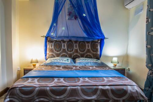 a bedroom with a bed with a blue canopy at LES JOYAUX DE BALATA in Saint-Joseph