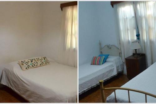 2 fotos de un dormitorio con 2 camas y una ventana en Casa en Villa Animí (Córdoba) en La Granja