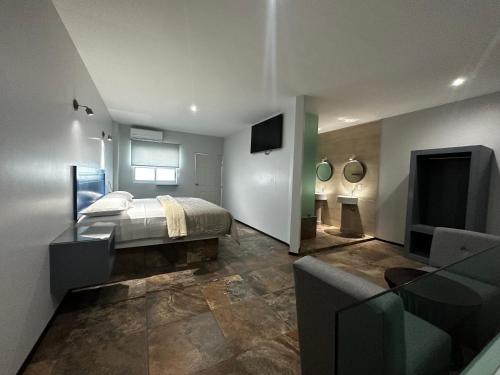- une chambre avec un lit, une télévision et une cheminée dans l'établissement Casa Picacho by Cobo´s, à Aguascalientes