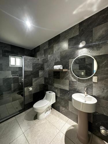 La salle de bains est pourvue de toilettes, d'un lavabo et d'une douche. dans l'établissement Casa Picacho by Cobo´s, à Aguascalientes