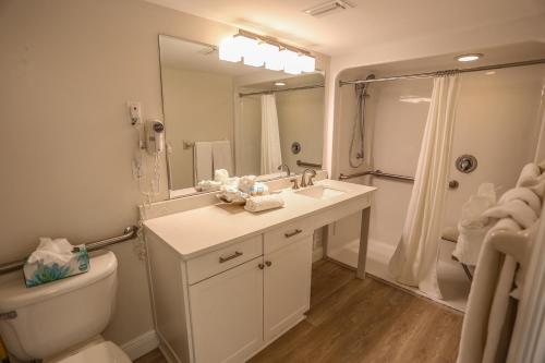 ein Badezimmer mit einem Waschbecken, einem WC und einem Spiegel in der Unterkunft Lovers Key Resort 403 in Fort Myers Beach