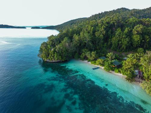 an aerial view of an island in the ocean at Raja Ampat Eco Lodge in Tapokreng