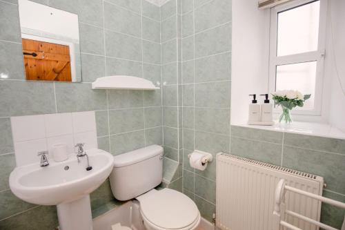 a bathroom with a toilet and a sink at Orchard Cottage - Rudge Farm Cottages in Bridport