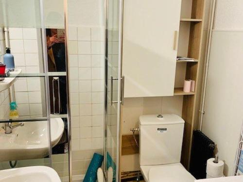 une petite salle de bain avec toilettes et lavabo dans l'établissement Studio pour cure avec balcon, parking et WiFi à 2 pas des thermes d'Amélie-les-Bains. - FR-1-703-19, à Amélie-les-Bains-Palalda