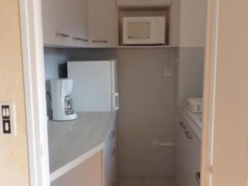 La cuisine est équipée d'un réfrigérateur blanc et d'un four micro-ondes. dans l'établissement F1 avec loggia, WIFI et garage à Amélie-les-Bains - FR-1-703-16, à Amélie-les-Bains-Palalda
