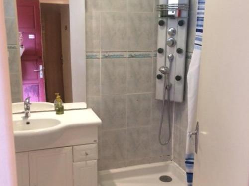 une salle de bain avec douche et lavabo dans l'établissement Appartement F3 avec balcon exposé sud, 2 chambres, proche commodités à Amélie-les-Bains - FR-1-703-42, à Amélie-les-Bains-Palalda