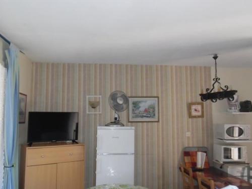 - un salon avec une télévision et un réfrigérateur dans l'établissement Studio confortable à Amélie-les-Bains - 2 pers, balcon, proche cures et centre-ville. - FR-1-703-33, à Amélie-les-Bains-Palalda