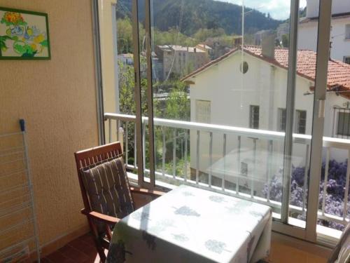 Cette chambre dispose d'une table et offre une vue sur un balcon. dans l'établissement Studio confortable avec loggia et garage, proche centre-ville et cures, animaux bienvenus - FR-1-703-63, à Amélie-les-Bains-Palalda