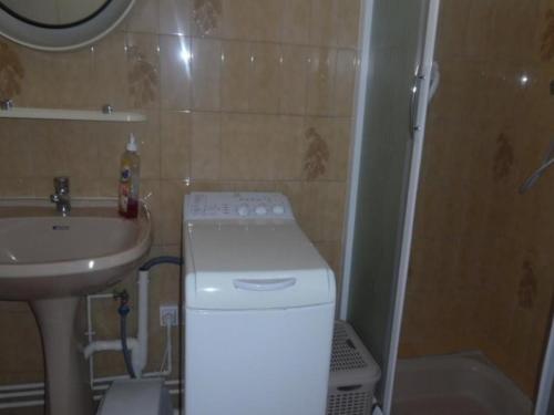 La petite salle de bains est pourvue d'un lavabo et d'un lave-linge. dans l'établissement Studio confortable avec loggia et garage, proche centre-ville et cures, animaux bienvenus - FR-1-703-63, à Amélie-les-Bains-Palalda