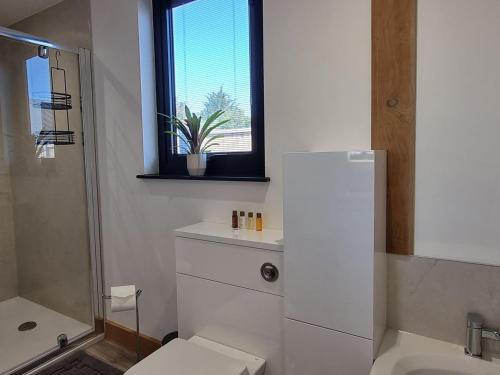 La salle de bains est pourvue de toilettes, d'un lavabo et d'une fenêtre. dans l'établissement Dronefield Lodge, à Pitney