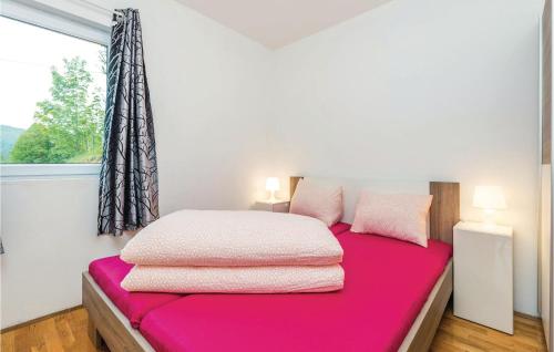 a bedroom with a pink bed with a window at Nice Apartment In Ogulin With Kitchen in Jasenak