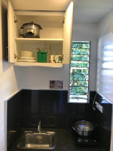 een kleine keuken met een wastafel en een raam bij Logan Apartments in Bantayan